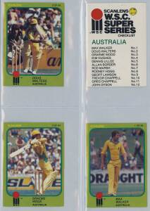 1981-86 Scanlens cricket cards in album, noted 1981 "W.S.C. Super Series" [81/84 + 3 Checklists]; 1982 "Cricket stickers" [172]; 1983 "Cricket stickers" [172]; 1986 "Clashes for the Ashes" [66]. Mainly G/VG.