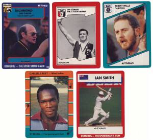SPORT CARDS: 1986-92 collection with Scanlens (Stimorol) football cards, noted 1988 (108), 1989 (120), 1990 (107); plus 1992 Continuity Group "3-D colourgrams" [15] + 2 spares; Scanlens (Stimorol) cricket cards, noted 1988 (47); 1990 (123). Fair/VG.  