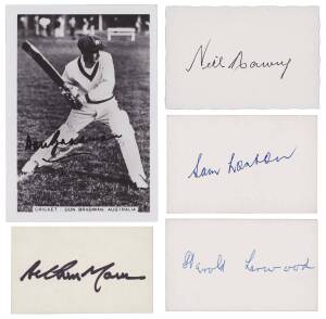 CRICKET AUTOGRAPHS: Collection of photographs, pictures, cards & pieces with c150 signatures, noted Don Bradman (5), Sam Loxton (3), Neil Harvey (3), Ray Lindwall, Allan Border, Dennis Lillee, Vic Richards. Inspection will reward.