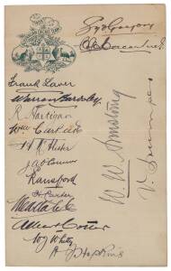 1909 AUSTRALIAN TEAM: "1909 Australian Cricket Team" letterhead with 16 signatures - Syd Gregory, Charles Macartney, Frank Laver, Warren Bardsley, Roger Hartigan, William Carkeek, Percy McAlister, Jack O'Connor, Vernon Ransford, Hanson Carter, Monty Noble