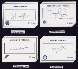 INTERNATIONAL TEST CRICKETERS: Signed 'Test Player' cards, c1931-2010, noted Sachin Tendulkar, Walter Hadlee, Sanath Jayasuriya, Gary Kirsten, Allan Donald, Martin Crowe, Brian Lara, Everton Weekes.