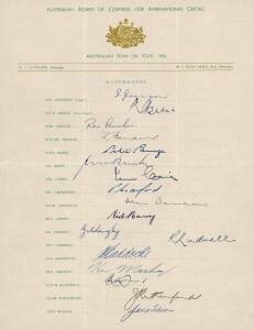 1956 Australian team, official team sheet with 17 signatures including Ian Johnson (captain), Keith Miller, Richie Benaud & Ray Lindwall. [This Ashes series included the famous 4th Test where Jim Laker took all 10 wickets in the 2nd Innings and 9 in the 1