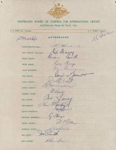 1961 Australian team for England, official team sheet with 19 signatures including Richie Benaud (captain), Neil Harvey, Alan Davidson & Bill Lawry.