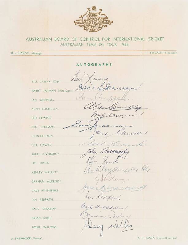 1968 Australian team for England, official team sheet with 17 signatures including Bill Lawry, Ian Chappell & Alan Connolly, window mounted, framed & glazed, overall 34x42cm.