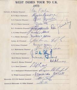 1973 West Indies team for England, official team sheet (stuck down to backing page) with 19 signatures including Rohan Kanhai (captain), Lance Gibbs, Clive Lloyd & Deryck Murray.