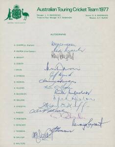 AUSTRALIAN TEAM SHEETS: Group with 1977 Australian Team to England, official team sheets (2) with total 32 signatures including Greg Chappell (captain), David Hookes, Doug Walters, Rod Marsh & Jeff Thomson; 1980 Australian Team for Centenary Test tour of 