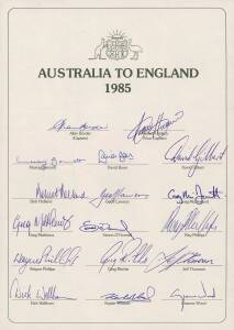 1985 Australian team to England, official team sheet with 17 signatures including Allan Border (captain), Andrew Hilditch, Craig McDermott & Geoff Lawson.