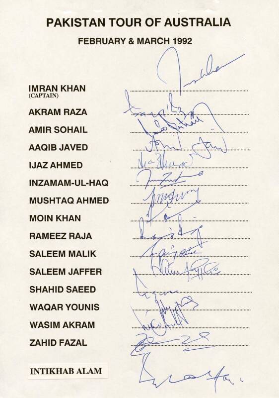 TEAM SHEETS, range comprising Pakistan 1992 to Aust; 1992 World Cup; 1992-93 to Aust/NZ; 1996 to England; 1996-97 to Aust; 2001 to England (17 signatures on 3 pages; also Pakistan "A" (1); Zimbabwe 1992 World Cup (2); 1999 World Cup; 2000 to England; 2003