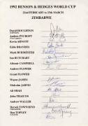TEAM SHEETS, range comprising Pakistan 1992 to Aust; 1992 World Cup; 1992-93 to Aust/NZ; 1996 to England; 1996-97 to Aust; 2001 to England (17 signatures on 3 pages; also Pakistan "A" (1); Zimbabwe 1992 World Cup (2); 1999 World Cup; 2000 to England; 2003 - 2