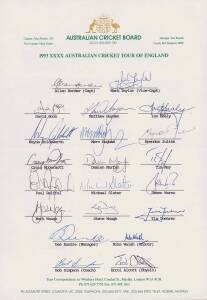 1993 Australian team to England, official team sheet with 21 signatures including Allan Border (captain), Mark Taylor, David Boon & Shane Warne. [Warnie's 1st Tour of England where his first ball on English soil became known as the ball of the Century].