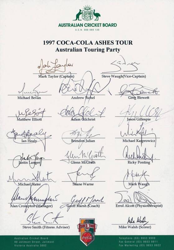 1997 Australian team to England, official team sheet with 22 signatures including Mark Taylor (captain), Steve Waugh, Adam Gilchrist & Shane Warne.