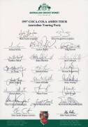 1997 Australian team to England, official team sheet with 22 signatures including Mark Taylor (captain), Steve Waugh, Adam Gilchrist & Shane Warne.
