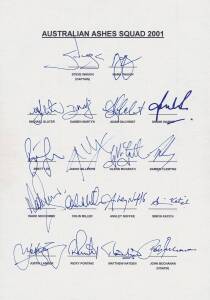 2001 Australian team to England, official team sheet with 18 signatures including Steve Waugh (captain), Mark Waugh, Adam Gilchrist & Shane Warne.