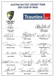 2004 AUSTRALIAN TEAM, official team sheet for Tour of India, with 17 signatures including Ricky Ponting, Adam Gilchrist & Shane Warne. [Australia's first series win in India since 1969-70].