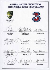 2004 AUSTRALIAN TEAM, official team sheet for Test Series v New Zealand, with 12 signatures including Ricky Ponting, Adam Gilchrist & Glenn McGrath.