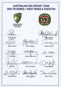 2005 AUSTRALIAN TEAM, official team sheet for ODI Series v West Indies & Pakistan, with 14 signatures including Ricky Ponting, Adam Gilchrist & Michael Clarke.