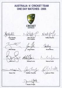 2005 AUSTRALIAN "A" TEAM, official team sheet for ODI Series, with 13 signatures including Brad Haddin, Mike Hussey & Brett Lee. Together with team sheets for 2007 Bangladesh & 1996-97 West Indies (5 incomplete); posters for cricket (8) & football (3).