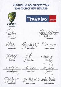 2005 AUSTRALIAN TEAM, official team sheet for Tour of New Zealand, with 14 signatures including Ricky Ponting, Adam Gilchrist & Glenn McGrath.