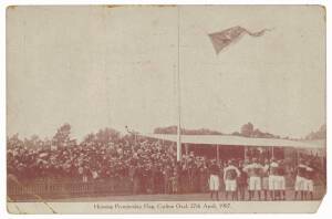 CARLTON: Postcard "Hoisting Premiership Flag, Carlton Oval, 27th April, 1907". Poor/Fair condition.