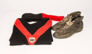 FOOTBALL COLLECTABLES: c1930s Dunlop Kromhyd football boots; football jumper - black with red V & swan badge; matching football socks.