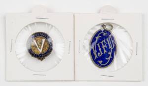 FOOTBALL BADGES, noted c1935 "VJFU"; plus VFL lapel badge with design of white "V" surrounded by "Victorian Football League".