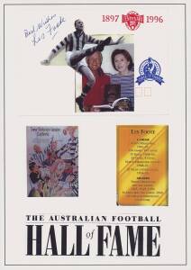 FOOTBALL AUTOGRAPHS: Collection well presented on pages, comprising 43 signed items, most mounted with associated pictures, newspaper articles, football cards, etc. Noted Ron Barassi, Les Foote, Paul Roos, Anthony Rocca, Doug Hawkins, Dennis Pagan, David 