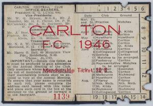 CARLTON: Member's Season Tickets for 1946, 1947 (Premiership year), 1948 & 1949, with fixture list & hole punched for each game attended. Good condition.