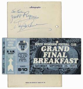 1971 North Melbourne Grand Final Breakfast, menu with 3 signatures on reverse including Jack Regan & Wayne Richardson; plus ticket.