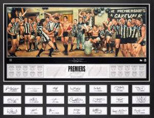 COLLINGWOOD: "Premiers, 1990 AFL Grand Final" print by Jamie Cooper, 8/21 Team Edition - given to the 20 players & coach, window mounted with cards signed by each player & Leigh Matthews, framed & glazed, overall 113x92cm. [Darren Millane is a facsimile, 