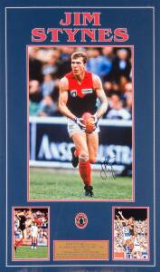 JIM STYNES: Signed action photograph, window mounted with replica Brownlow Medal & two other photos; framed & glazed, overall 54x86cm. With CoA.
