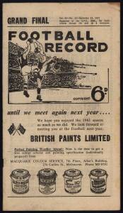 1961 "Football Record"s including 1st Semi Final, 2nd Semi Final, Prelim Final & Grand Final (Hawthorn v Footscray). Fair/Good condition. [Hawthorn's 1st Premiership].