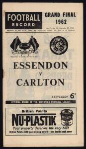 1962 "Football Record"s including 1st Semi Final, 2nd Semi Final, Final, Final Replay & Grand Final (Essendon v Carlton). Fair/Good condition.