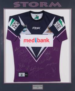 MELBOURNE STORM: Melbourne Storm jersey signed by 2007 team, with c23 signatures, window mounted, framed & glazed, overall 88x105cm. With CoA.