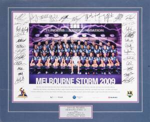 MELBOURNE STORM: "Premiers 09" display with 18 signed action photographs, window mounted with team photo; plus "2009 NRL Premiers" display with 33 signatures. Both framed, largest 71x107cm. With CoAs.