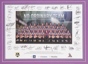 MELBOURNE STORM: 2011 jersey with 25 signatures; plus 2012 "No Ordinary Team" display with 33 signatures; both framed, largest 85x106cm. With CoAs.