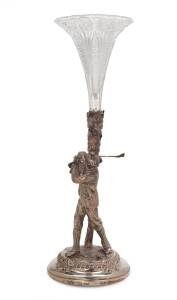 GOLFER EPERGNE, silver plated golfer with glass vase epergne, made by James Deakin & Sons, Sheffield, c1880, 32cm tall.