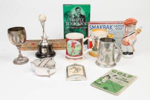 GOLF COLLECTABLES, noted Royal Doulton "Golfer" character jug; hip flasks (2); silver teaspoons (14); indoor putter in case; set of 6 golf prints; book "Simply Toogood" (signed Peter Toogood & author); badges (2); trophies (4); various golf practice sets;