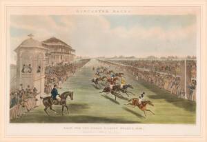 "Doncaster Races. Race For The Great St.Leger Stakes, 1836", engraved print published May 24th 1837 by Ackerman & Co [London] after a painting by J.Pollard, window mounted, framed & glazed, overall 94x73cm.