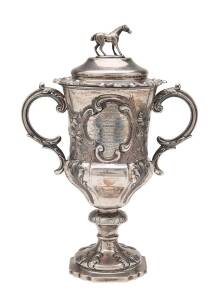 1857 HORSE RACING TROPHY, silver cup, (hallmarked London 1855, Samuel Hayne & Dudley Cater), lovely embossed scene of horses racing, engraved "This Cup, Presented By, Mr Wm Harvey, Of the Wilmot Arms Green Ponds, Tasmania, To, H.E.Anstey Esqre, Won by the