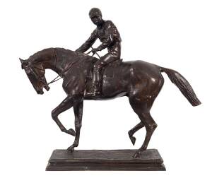 BRONZE HORSE & JOCKEY SCULPTURE, after Isidore Jules Bonheur (French, 1827-1901), bronze sculpture "Le Grande Jockey", rider and winning mount, 93cm tall. Good condition.