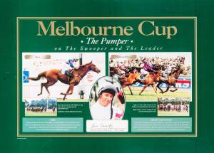 SIGNED DISPLAYS, noted "Father & Son" display with action photographs of Octagonal (signed by jockey Darren Beadman) & Lonhro, window mounted with replica horseshoe; Media Puzzle display with jockey's cap signed by Damien Oliver; Jim Cassidy signed displa