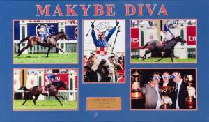 MAKYBE DIVA: Display comprising photograph signed by jockey Glenn Boss, window mounted with 4 other photos, framed & glazed, overall 68x107cm. With CoA. 