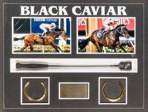 BLACK CAVIAR: Display comprising jockey's whip signed by Luke Nolen, attractively mounted with two replica horseshoes & action photographs of Black Caviar, framed & glazed, overall 69x88cm. With CoA.