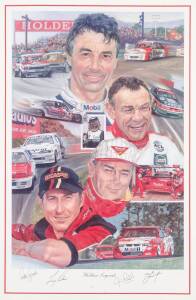 HOLDEN LEGENDS, print by Roy Honisett, signed by Peter Brock, Larry Perkins, Jim Richards & Mark Skaife, limited edition 105/300, window mounted, framed & glazed, overall 73x104cm.