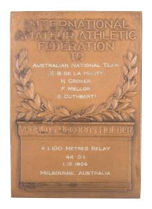 BETTY CUTHBERT'S WORLD RECORD PLAQUE: Bronze plaque "International Amateur Athletic Federation To - Australian National Team (S.B.De La Hunty, N.Croker, F.Mellor, B.Cuthbert), 4 x 100 Metres Relay, 44.5 s, 1.12.1956, Melbourne, Australia". The Australian 