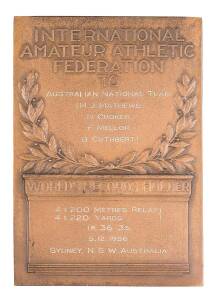 BETTY CUTHBERT'S WORLD RECORD PLAQUE: Bronze plaque "International Amateur Athletic Federation To - Australian National Team (M.J.Mathews, N.Croker, F.Mellor, B.Cuthbert), 4 x 200 Metres Relay, 4 x 220 Yards Relay, 1M 36.3s, 5.12.1956, Sydney, N.S.W., Aus