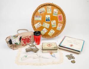 1956 MELBOURNE OLYMPICS: Collection including juicer; metal ashtray decorated with kangaroo; car badge; LP records for Opening & Closing Ceremonies; carry bag' Official Report; toy stopwatch; Cadburys tin; silk scarf & handkerchief; embroidered doily; fol