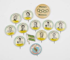 1956 OLYMPICS BADGES, noted 1956 Lux & Lifebuoy Soap "1956 Olympic Games badges" [9/20 + 1 spare]; tin flag badge for hurdling; plus 2 others.