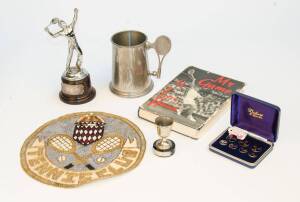 TENNIS COLLECTABLES, noted c1880 US trade card for Invincible Stoves; postcards (2); boxed set of 7 enamelled tennis buttons; sequin embroidered "Tennis Club" badge; book "My Game" by Lew Hoad (signed); various tennis badges (5); pewter mug; tennis trophi