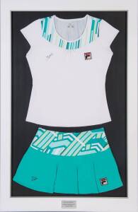 JELENA DOKIC, tennis top & skirt, both signed by Jelena Dokic, window mounted, framed & glazed, overall 89x130cm. [Proceeds to Kids Under Cover].